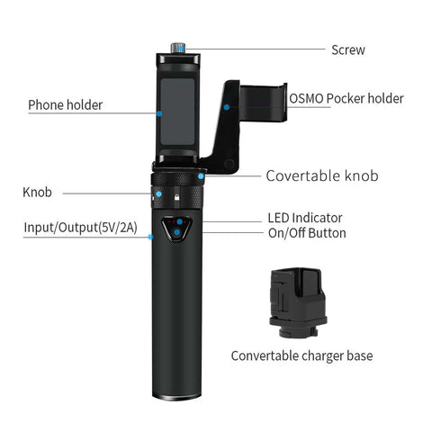 Power Stick Portable Power Bank For DJI Osmo Pocket 2 And 1 With 5000mAh Battery Convertible Charging Base And Phone Holder Mount