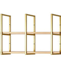 Legit Heavy Duty Floating Shelf Brackets Two Tier Industrial Pipe Wall Mount Brackets Built Like A Tank With Rust Resistant Finish, gold framework with wood shelves.