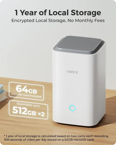 4K Solar Wireless Outdoor Security System With Color Night Vision 360 Degree Pan Tilt Auto Tracking Wi Fi 6 2.4 And 5 GHz Encrypted Local Storage No Subscription Home Hub Included 2X Argus PT Ultra home hub with 1 year of local storage on a wooden surface.