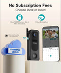 Wireless Battery Powered 2K Video Doorbell With Chime And No Subscriptions next to phone showing video encryption and storage options