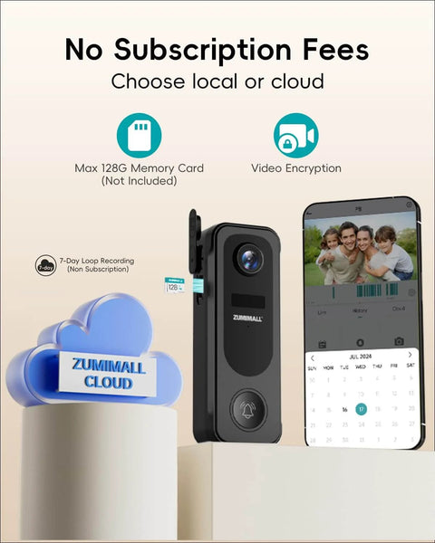 Wireless Battery Powered 2K Video Doorbell With Chime And No Subscriptions next to phone showing video encryption and storage options