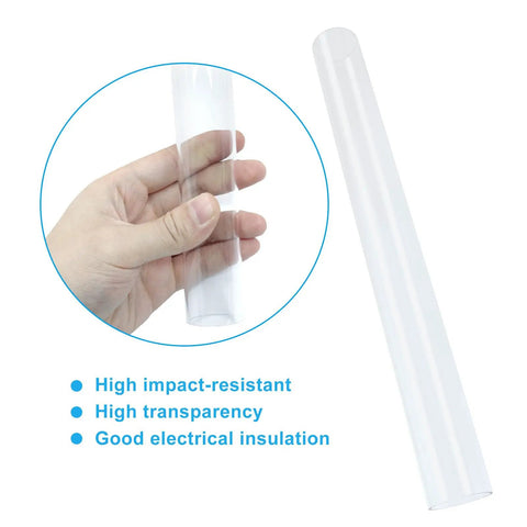 Three Pack Clear Rigid Polycarbonate Tubing, 1.14 In Inner Diameter, 1.26 In Outer Diameter, 12 In Length, shown in hand.