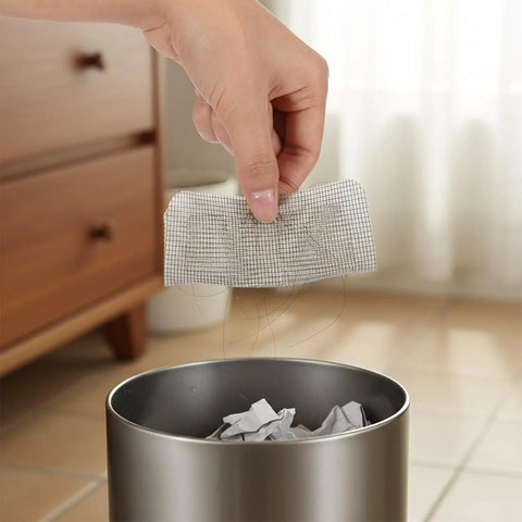 Hand holding Ten Pack Square Disposable Shower Drain Hair Catcher Stickers above a trash can for easy disposal.