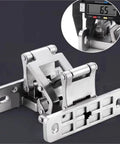 Rock Solid Heavy Duty Invisible Pivot Hinge For Thick Hidden Doors showing stainless steel build and measurement tool.
