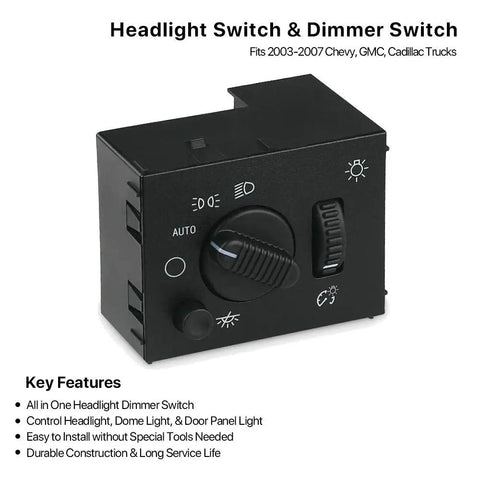 Direct Swap Dashboard Headlight Control Switch Plug And Play For Your Rig Heavy Duty Instrument Panel Dimmer Button Assembly Fits 2003 To 2006 Chevy Silverado Suburban Tahoe Gmc Sierra showing front view with dimmer knob.