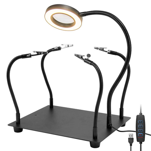 Soldering Station With 5X Magnifying Light And Adjustable 4 Arm PCB Holder For Soldering Assembly And Repair Heavy Duty Magnetic Base Insulated Alligator Clips For Secure Parts Hands Free Workbench Setup