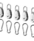 5 Pack 304 Stainless Steel M15 Pulley Block Set With 360 Degree Swivel And 5 Spring Snap Hooks Built Tough Heavy Duty Wire Rope Towing Wheel For Lifting Hoisting Crane Use Outdoor All Weather Rust Resistant, shown with 5 pulleys and hooks