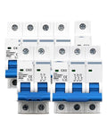 Heavy Duty Mini Circuit Breaker Providing Rock Solid Overload Protection And Instant Short Circuit Shutdown To Keep Home And Auto Electrical Panels Running Like A Charm With Zero Downtime Or Headaches, featuring multiple units with blue handles.