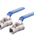 Pair of stainless steel ball valves with blue lever handles, 1/4 in NPT standard port, pack of 2