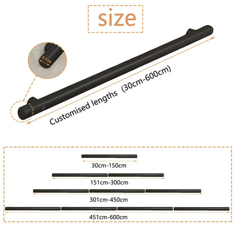 Slick Black Stainless Steel Railing Indoor And Outdoor Heavy Duty Wall Guardrail With Built Tough Foot Support For Stairs And Decks Corrosion Resistant Top Shelf Home Upgrade Kit showing customized lengths 30cm-600cm.
