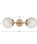 Celestia 2-Light Wall Sconce In Matte Brass With Frosted Glass Shades For A Modern Glam Vibe And Soft Cozy Glow, dimensions shown