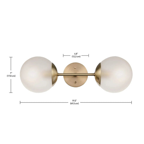 Celestia 2-Light Wall Sconce In Matte Brass With Frosted Glass Shades For A Modern Glam Vibe And Soft Cozy Glow, dimensions shown
