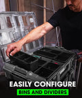 Man organizing Stack Pack Storage System Organizer Box with Quick Connect Interlocking Built Tough 50 Lb Load Capacity