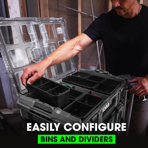 Man organizing Stack Pack Storage System Organizer Box with Quick Connect Interlocking Built Tough 50 Lb Load Capacity