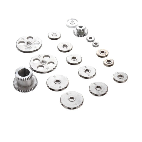 Shop Ready Precision Matched Duplex Gear Set for Mini Metal Lathe Gray Iron Replacement Hardware 18 Tooth Variety Pack on white background.