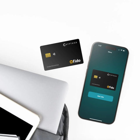 FIDO2 NFC Security Key For 2FA And Passwordless Login, CardFormat Security Key Works With Microsoft, Apple, Google, Facebook, Dropbox And DESFire, Fast Setup, Strong Phishing Protection, FIDO Certified shown next to smartphone.