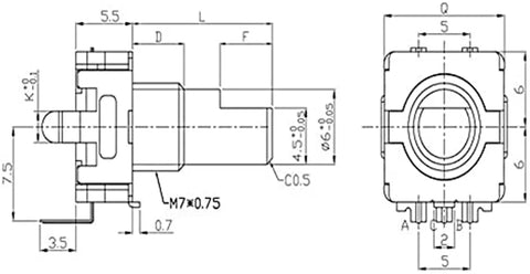 Technical drawing of EC11 360 Rotary Encoder 5 Pack 20mm Handle 3 Pin No Switch Digital Potentiometer for DIY projects.
