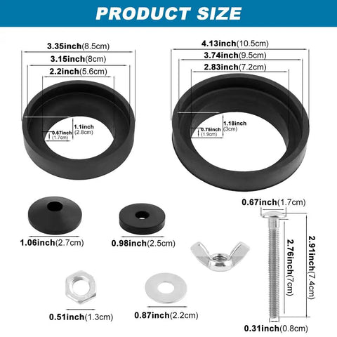 Heavy Duty Universal Toilet Tank To Bowl Gasket And Stainless Steel Bolt Kit, size measurements of rubber gaskets and bolts.