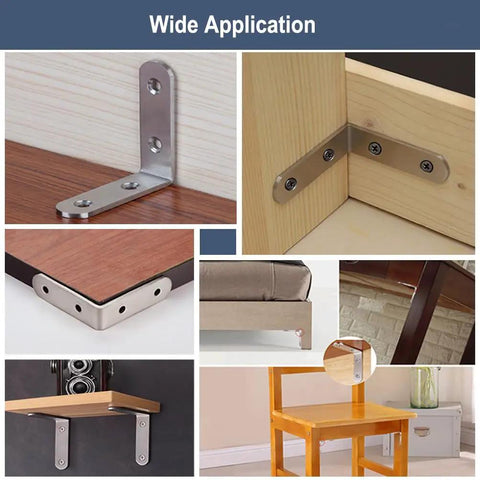 Tough As Nails Six Piece Stainless Steel L Brackets Corner Brace 90 Degree Shelf Support For Wood Projects Heavy Duty Right Angle Connectors With Screws Rust Proof Finish applied in various furniture settings.