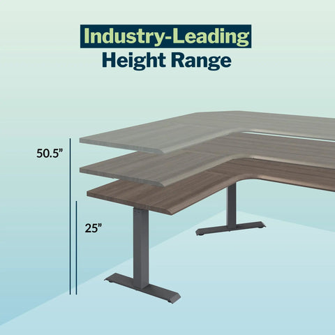 L Shape Electric Standing Desk With Height Adjustable Sit Stand Design For Corner Office Reversible Left Right Layout No Sweat Setup Espresso Top Slate Frame showcasing height range 25 to 50.5 inches.