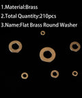 210 Piece Metric Brass Flat Washers Assortment Kit Heavy Duty All In One Durable Corrosion Resistant Hardware Washers For Electrical Connections And Outdoor Projects M3 M4 M5 M6 M8 M10 M12 brass flat washers on black background