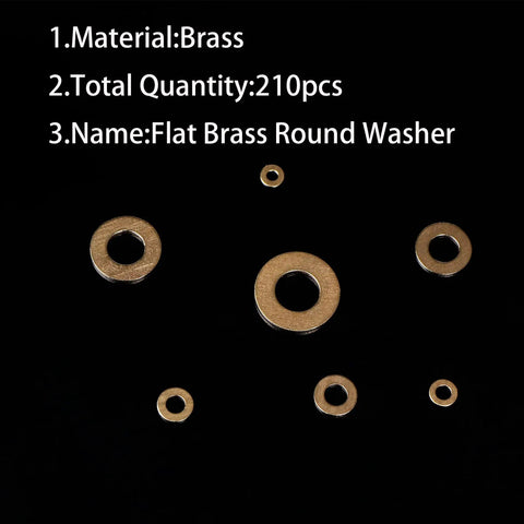 210 Piece Metric Brass Flat Washers Assortment Kit Heavy Duty All In One Durable Corrosion Resistant Hardware Washers For Electrical Connections And Outdoor Projects M3 M4 M5 M6 M8 M10 M12 brass flat washers on black background