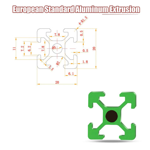 Cross-section diagram of Beefy Ten Pack 1220mm T Slot 2020 Aluminum Extrusion European Standard Anodized Linear Rail in green.