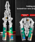 8 In 1 Wire Stripper With Voltage Tester Foldable Multifunction Pliers showcasing green grips and metallic tools on a dark background
