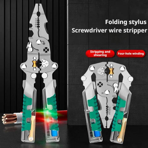 8 In 1 Wire Stripper With Voltage Tester Foldable Multifunction Pliers showcasing green grips and metallic tools on a dark background