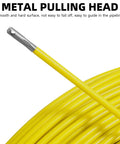 Close-up of fiberglass fish tape with metal pulling head for electrical conduit, 500ft one quarter inch duct rodder wire puller.