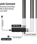 Diagram of 8 Pack Black LED Recessed Lighting Kit With 3000K Warm White LED Strip Lights showing LED driver and touch switch