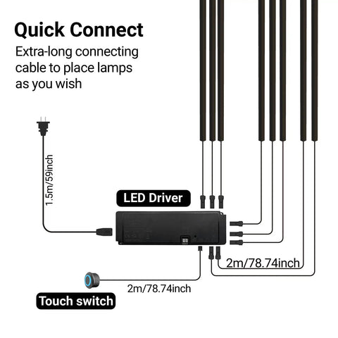 Diagram of 8 Pack Black LED Recessed Lighting Kit With 3000K Warm White LED Strip Lights showing LED driver and touch switch