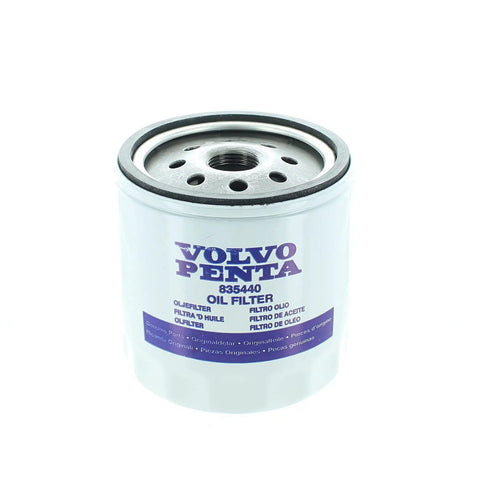 OEM Oil Filter 835440 for Marine Engines on display, showcasing filtration design and fitting details for 3.0L to 8.1L engines.