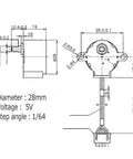 DaFuRui 28BYJ-48 stepper motor schematic showing 28mm diameter, 5V, 1/64-step gear drive