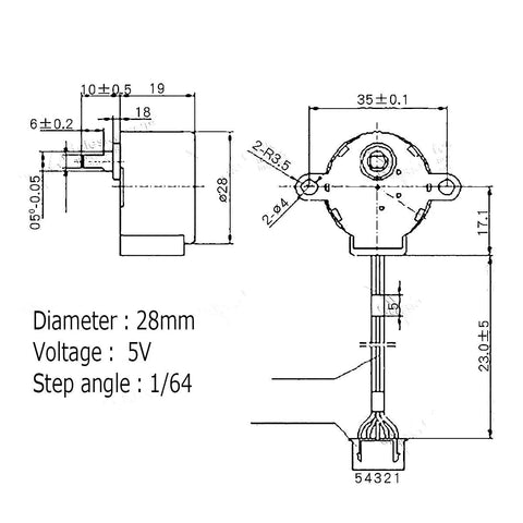 DaFuRui 28BYJ-48 stepper motor schematic showing 28mm diameter, 5V, 1/64-step gear drive