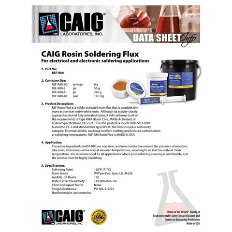 CAIG Rosin Soldering Flux datasheet, electrophoretic products, electrical applications, includes focus keyword Rosin Soldering Flux For Electronics, 56 Gram Jar, Type RMA, High Wetting, Low Carbonization, Pro Grade Solder Flux For Electrical Work, Made In USA, Pack Of 1
