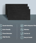 6 Pack Acoustic Wall Panels 47.2 By 23.6 Inches Black Sound Proof Panels with labels showing features like sound-absorbing and high density.