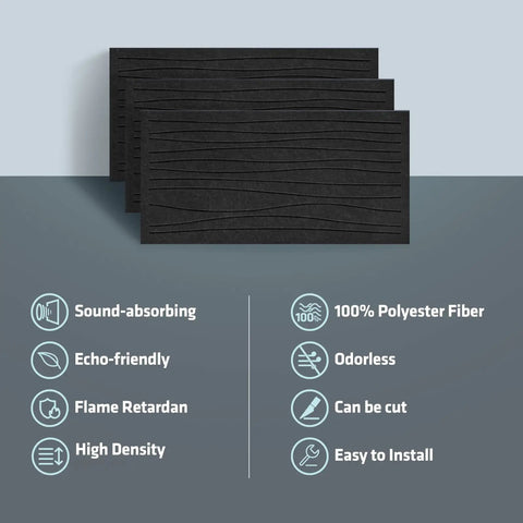 6 Pack Acoustic Wall Panels 47.2 By 23.6 Inches Black Sound Proof Panels with labels showing features like sound-absorbing and high density.