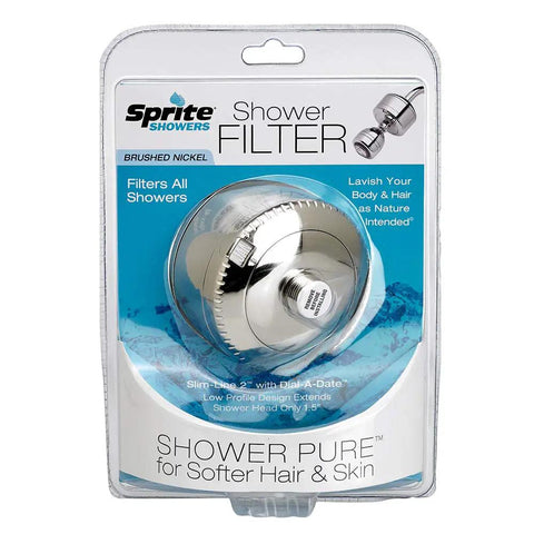 Universal Slim-Line2 Shower Filter With Chlorgon Filtration, Brushed Nickel Finish, in retail packaging