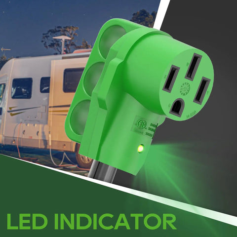 Beefy Built Tough Overload Protector 50 Amp to 110 Volt RV Adapter Cord With Circuit Breaker, LED power indicator, green, ETL listed.