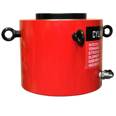 Heavy Duty 300 Ton Hydraulic Cylinder Jack Ram Shop Workhorse Featuring Automatic Retraction And Two Inch Stroke For Garage Presses Or Machine Shop Automotive Builds, red cylinder with labeled specifications.