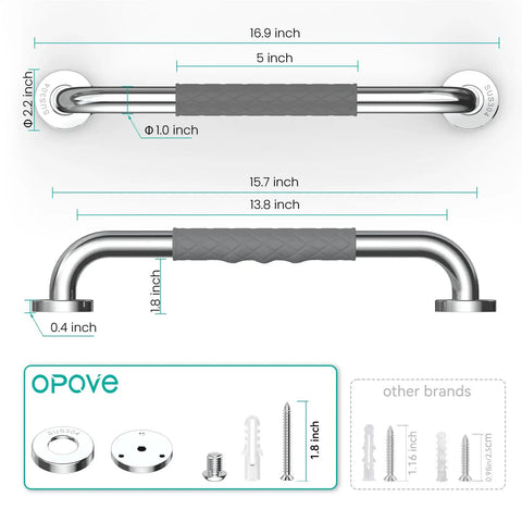 Dimensions and components of 12 Inch Shower Grab Bars For Bathroom Safety, Anti Slip Stainless Steel Rails For Elderly Seniors Handicap And Pregnant Women, Rust Proof For 10 Years, Gray Finish, 1 Pack.