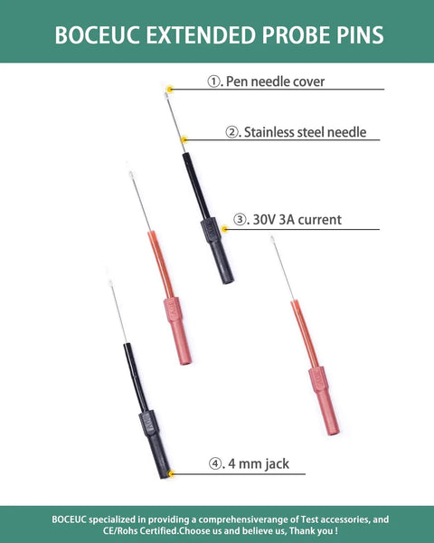 Flexible Back Probe Kit With Ultra Thin 1mm Steel Needles For Tight Car Wiring Access, 4 piece probes with 4mm jacks