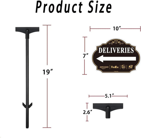 Left Arrow Package Delivery Sign For Front Yard With 19 Inch Adjustable Metal Stake showing dimensions 10x7 inch aluminum sign.