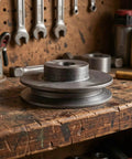 Solid Cast Iron Single Groove V Belt Pulley With 100mm Od And 19mm Shaft on a wooden workbench, used for industrial applications.