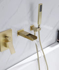 Brushed Gold Wall Mount Tub Faucet With Handheld Sprayer And Hand Shower, Single-Handle Tub Filler, Sleek 3-Hole Contemporary Waterfall Design