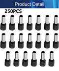 Heavy Duty 250 Pack Of Preinsulated Copper Wire Ferrule Connectors For Quick Plug And Play Electrical Jobs Featuring Slick Crimp Terminals Upgraded For Ve1012 Wires, showing 250pcs black and metal connectors.