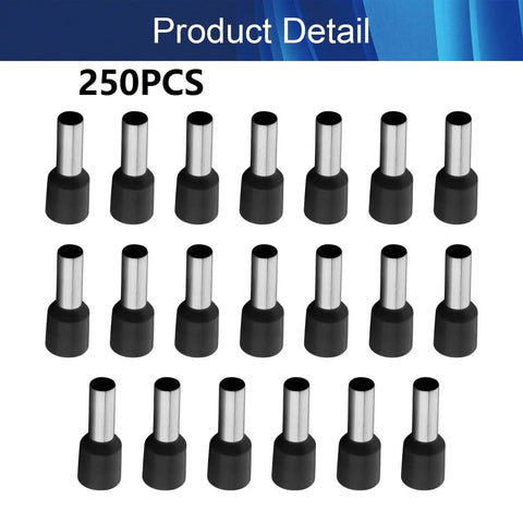 Heavy Duty 250 Pack Of Preinsulated Copper Wire Ferrule Connectors For Quick Plug And Play Electrical Jobs Featuring Slick Crimp Terminals Upgraded For Ve1012 Wires, showing 250pcs black and metal connectors.