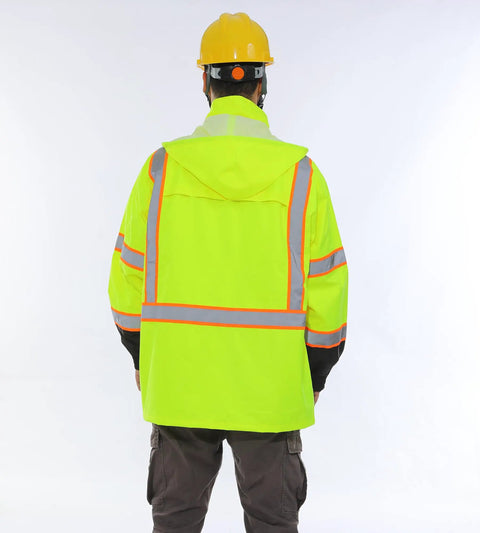 Back view of Kickass High Visibility Safety Rain Jacket For Men And Women With Breathable Mesh Lining And Full Reflective Strips Lightweight Waterproof Work Gear Tough As Nails Protection