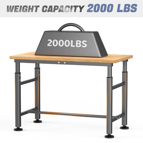 Heavy Duty Adjustable Height Workbench With Rubber Wood Top 47.75 Inch By 23.25 Inch Built Tough 2000 Pounds Load Capacity For Garage Workshop